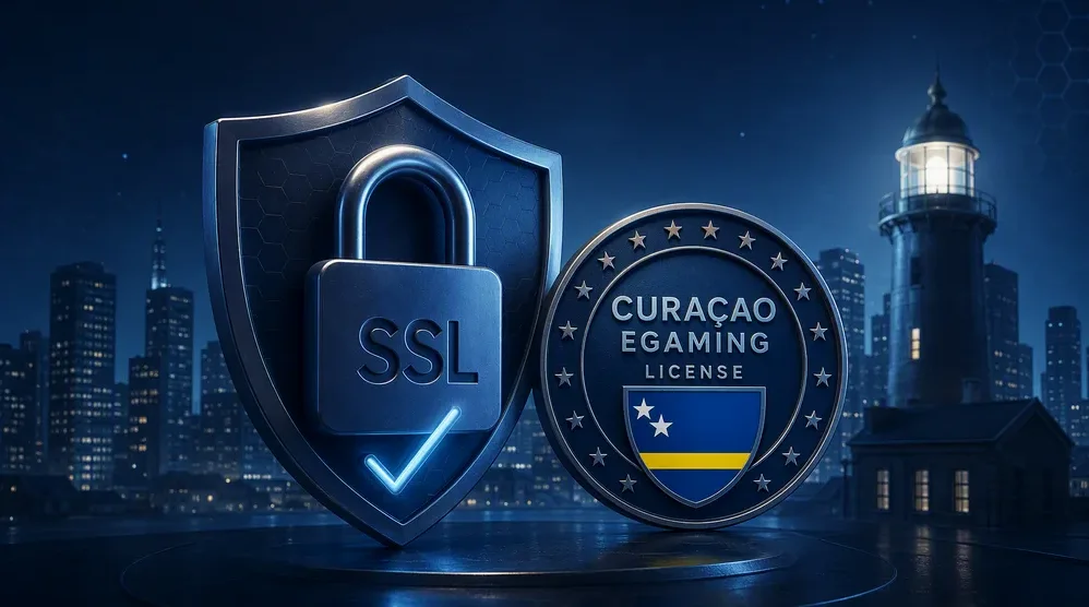 ikona kłódki SSL obok logo licencji Curacao